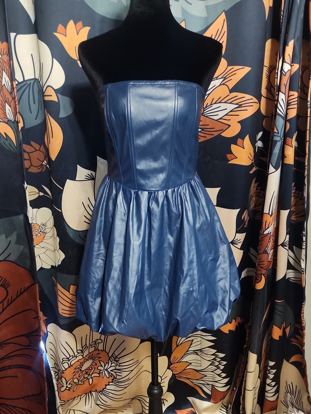 Strapless Blue Faux-Leather Mini Dress with Gathered Skirt